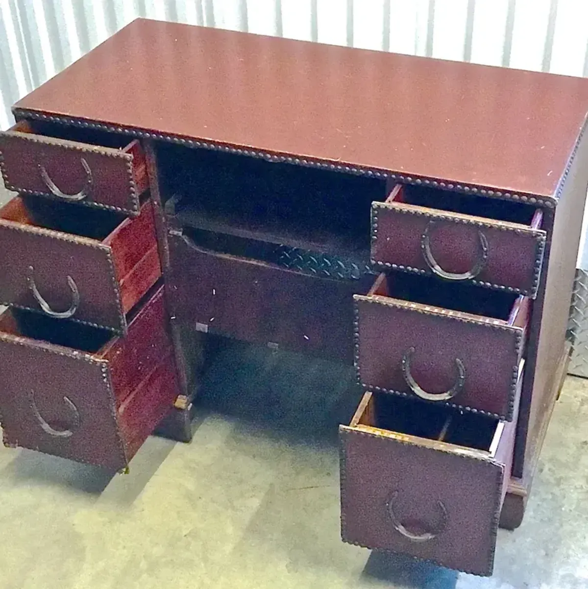 Antique Leather & Bronze Horseshoe Desk - Vermilion Designs - Red