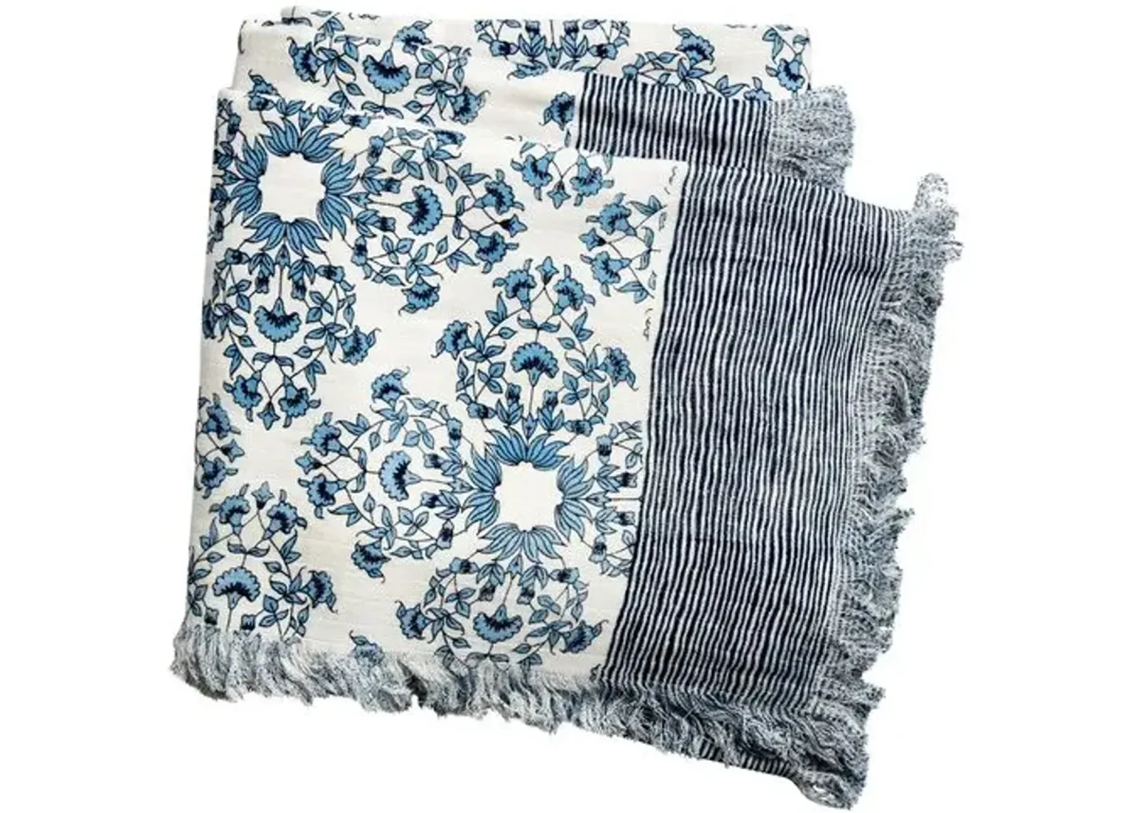 Flora Throw - Ivory/Royal Blue - Lightweight, Soft, Warm, Fringed