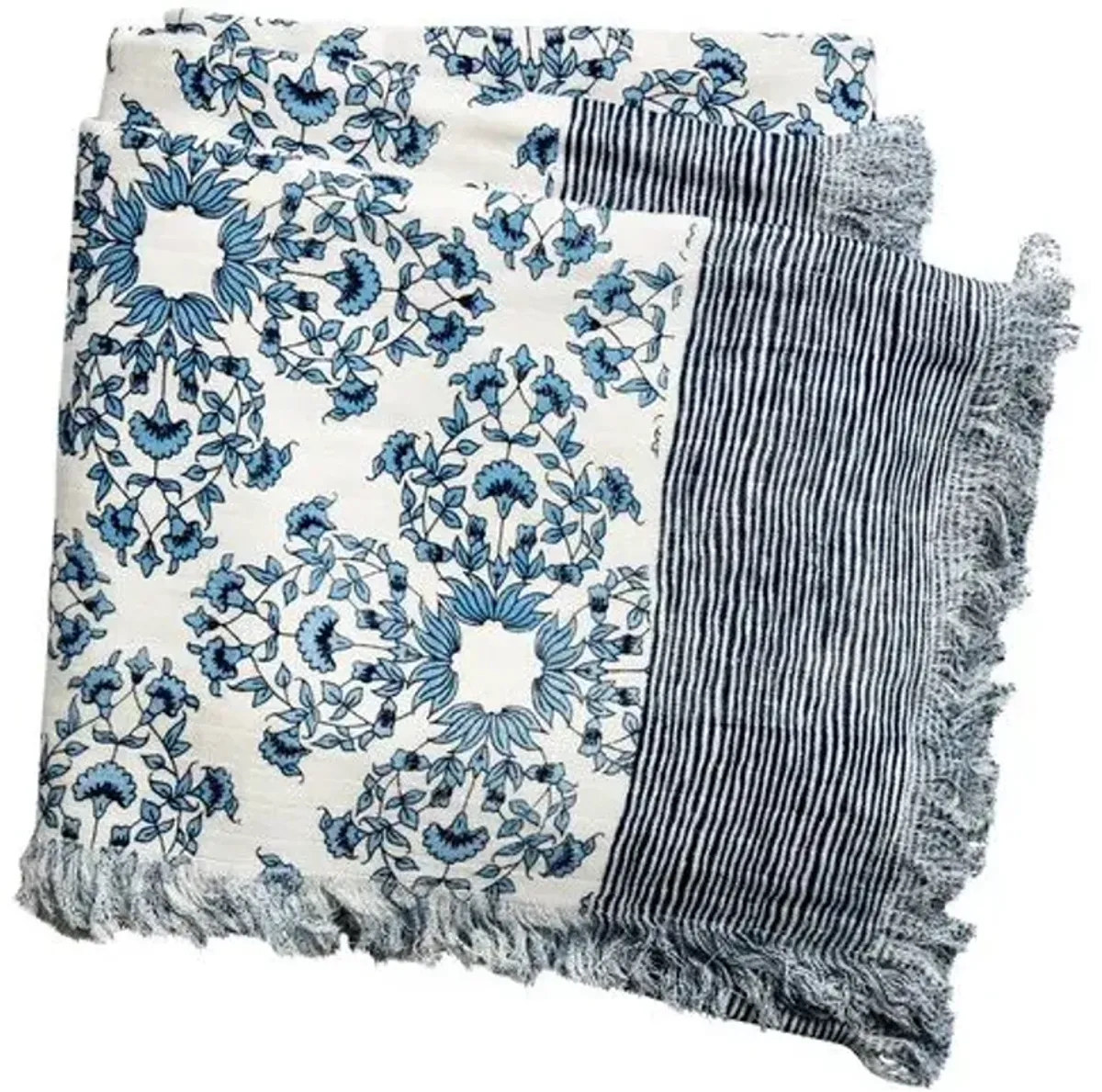 Flora Throw - Ivory/Royal Blue - Lightweight, Soft, Warm, Fringed