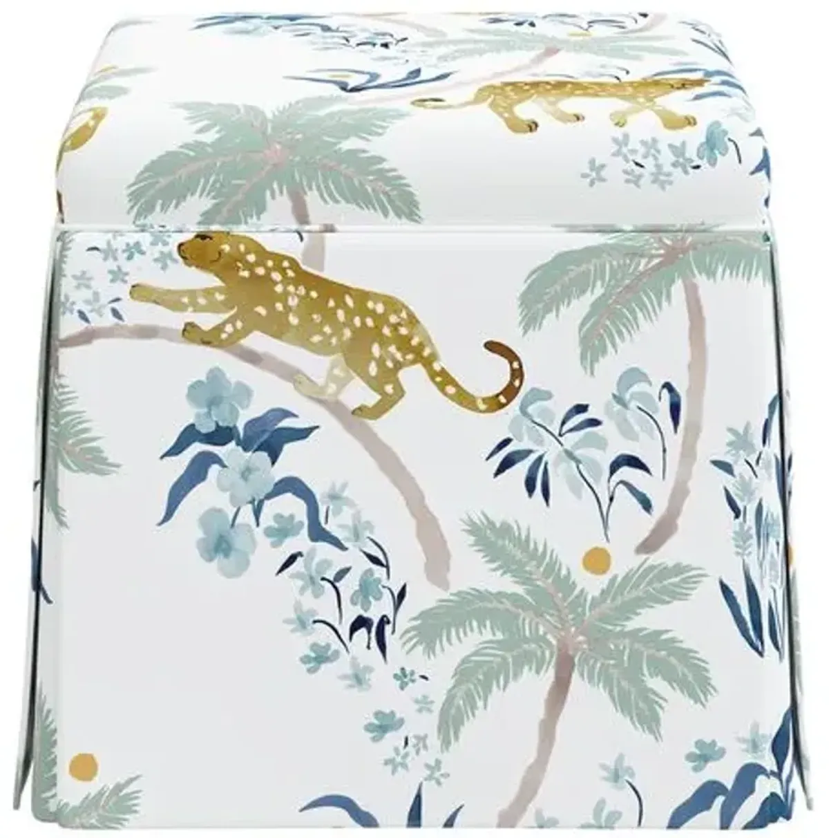 Anne Skirted Ottoman - Palm Leopard - Blue