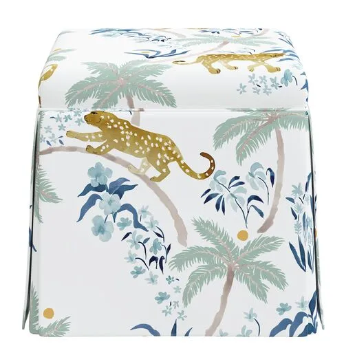 Anne Skirted Ottoman - Palm Leopard - Blue