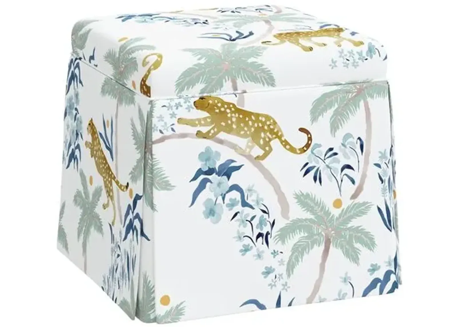 Anne Skirted Ottoman - Palm Leopard - Blue