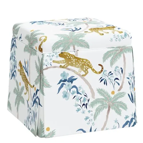 Anne Skirted Ottoman - Palm Leopard - Blue