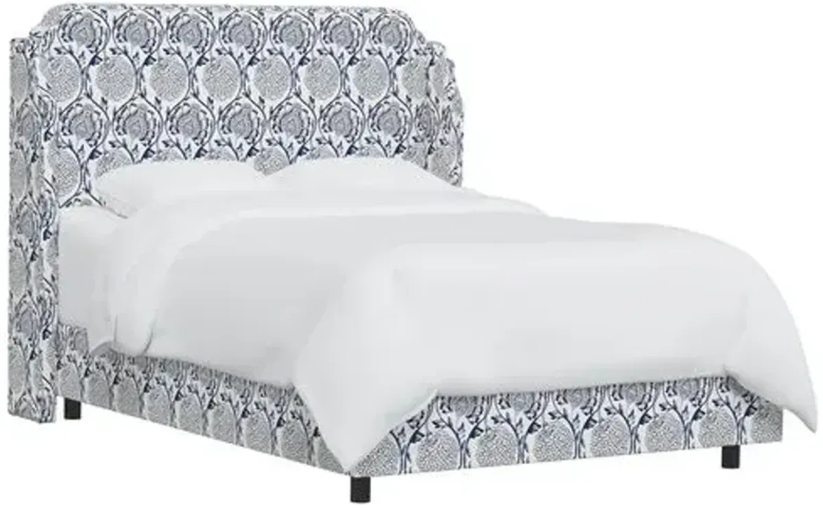 Aurora Wingback Bed - Ranjit Floral - Blue, Padded Headboard