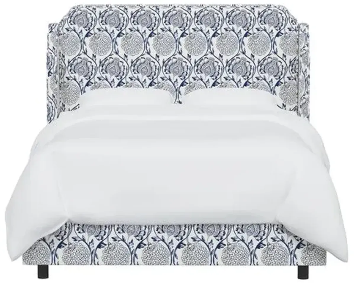 Aurora Wingback Bed - Ranjit Floral - Blue, Padded Headboard