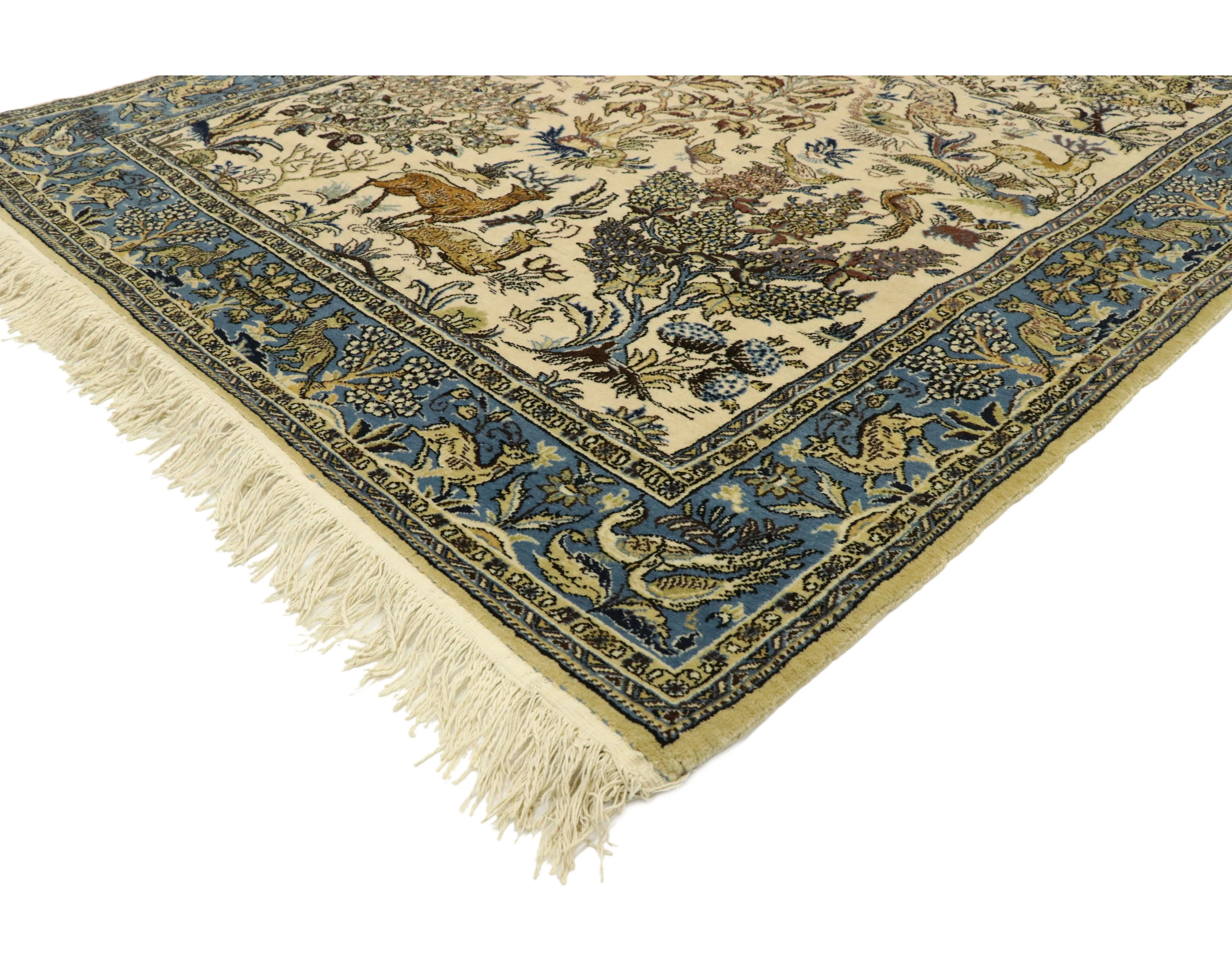 4'6" x 7' Persian Hunting Qum Rug - Esmaili Rugs & Antiques - Blue - Blue