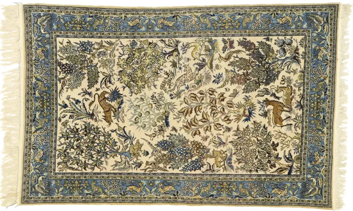 4'6" x 7' Persian Hunting Qum Rug - Esmaili Rugs & Antiques - Blue - Blue