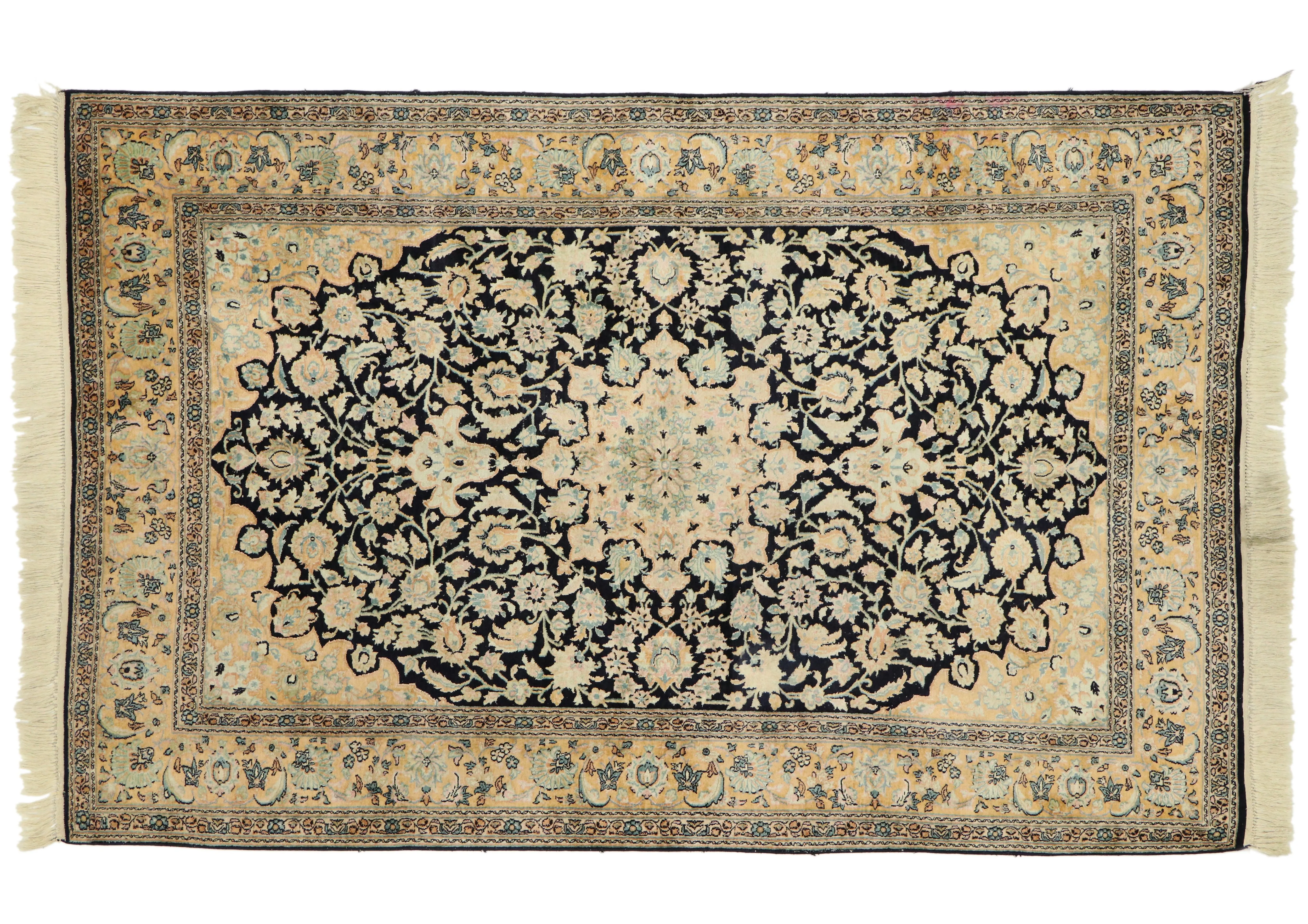 4'1" x 6'4" Persian Silk Qum Rug - Esmaili Rugs & Antiques - Beige - Beige