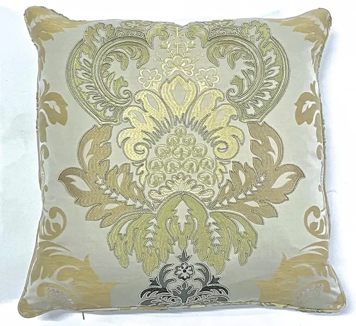 Embroidered Gold & Bronze Damask Pillow - Vermilion Designs