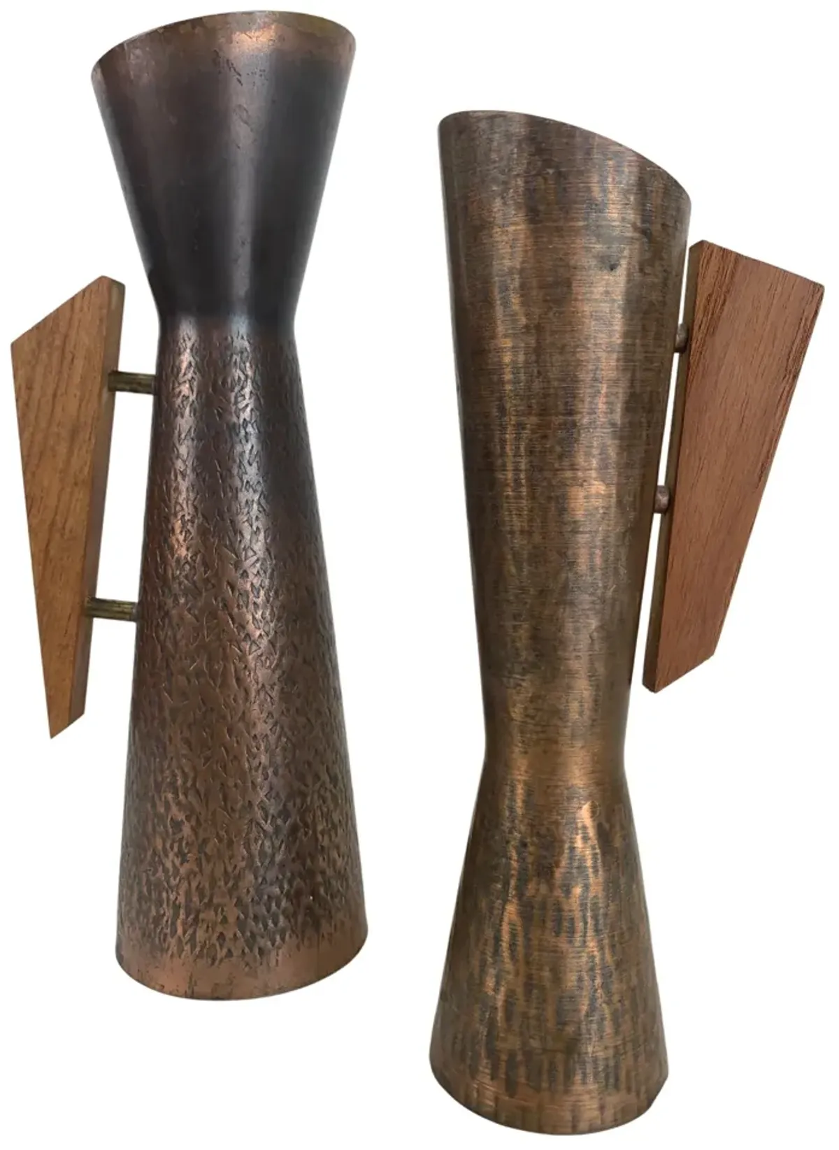 Mid-Century Modern Copper/Teak Vases - Pr - Eat Drink Home - Brown