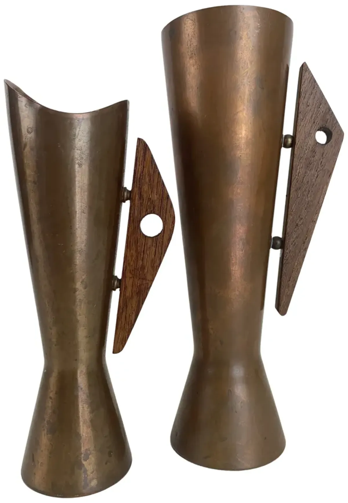 Mid-Century Modern Copper/Teak Vases - Pr - Eat Drink Home - Brown