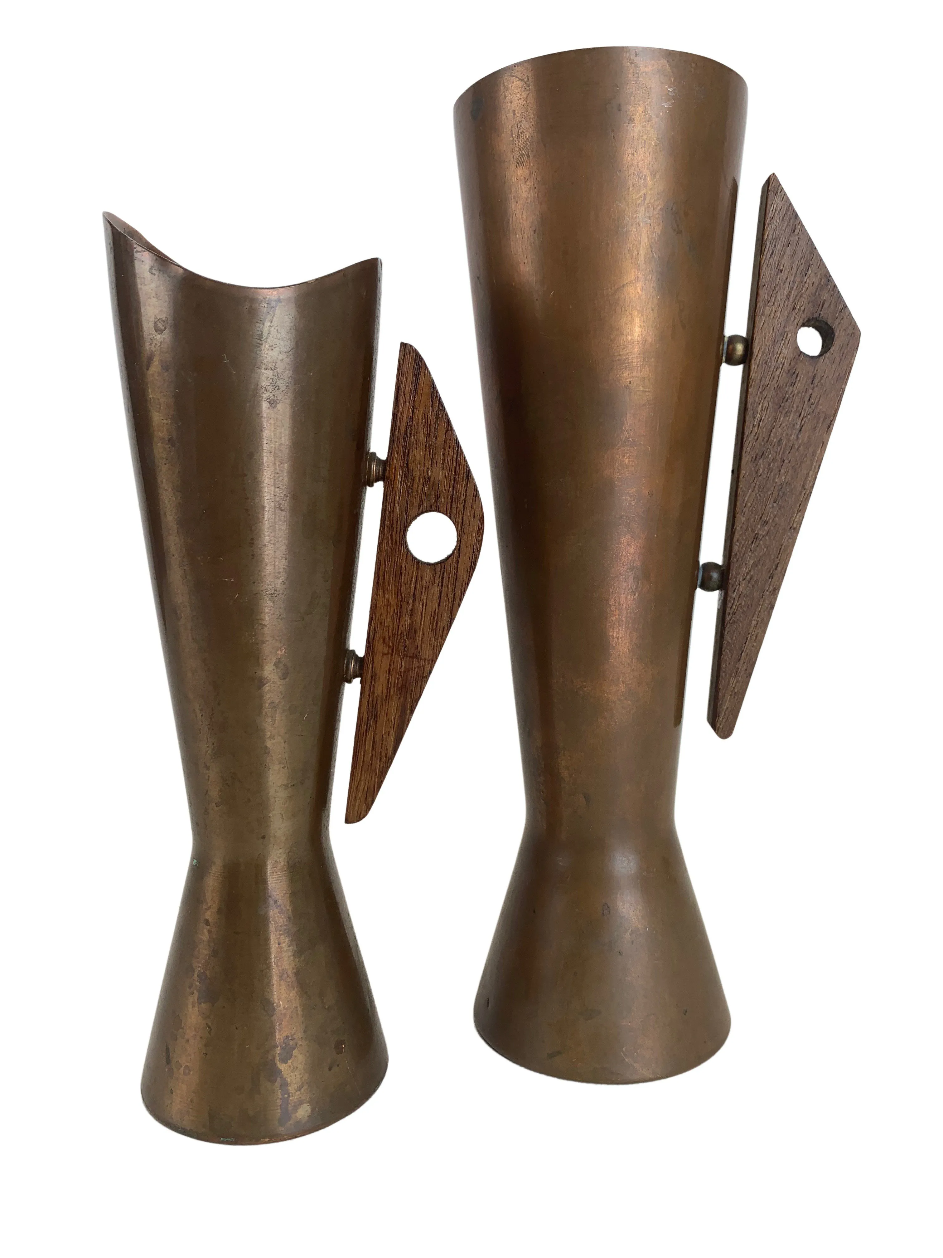 Mid-Century Modern Copper/Teak Vases - Pr - Eat Drink Home - Brown