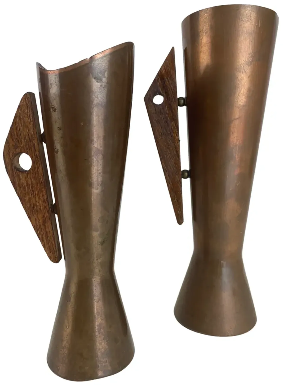 Mid-Century Modern Copper/Teak Vases - Pr - Eat Drink Home - Brown