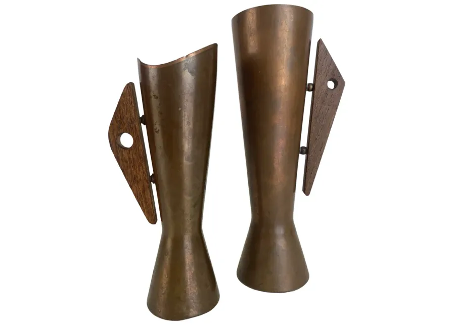 Mid-Century Modern Copper/Teak Vases - Pr - Eat Drink Home - Brown