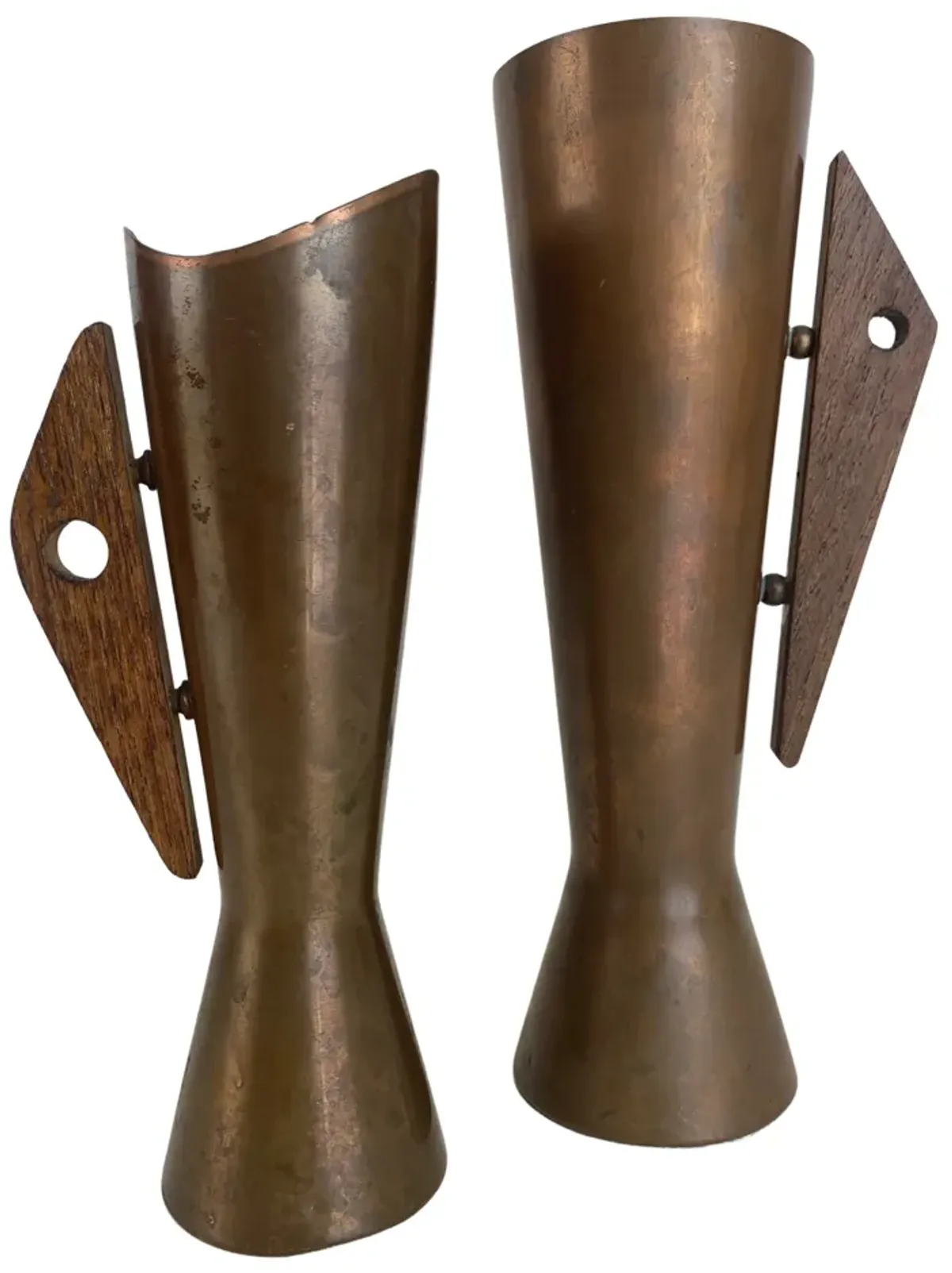 Mid-Century Modern Copper/Teak Vases - Pr - Eat Drink Home - Brown