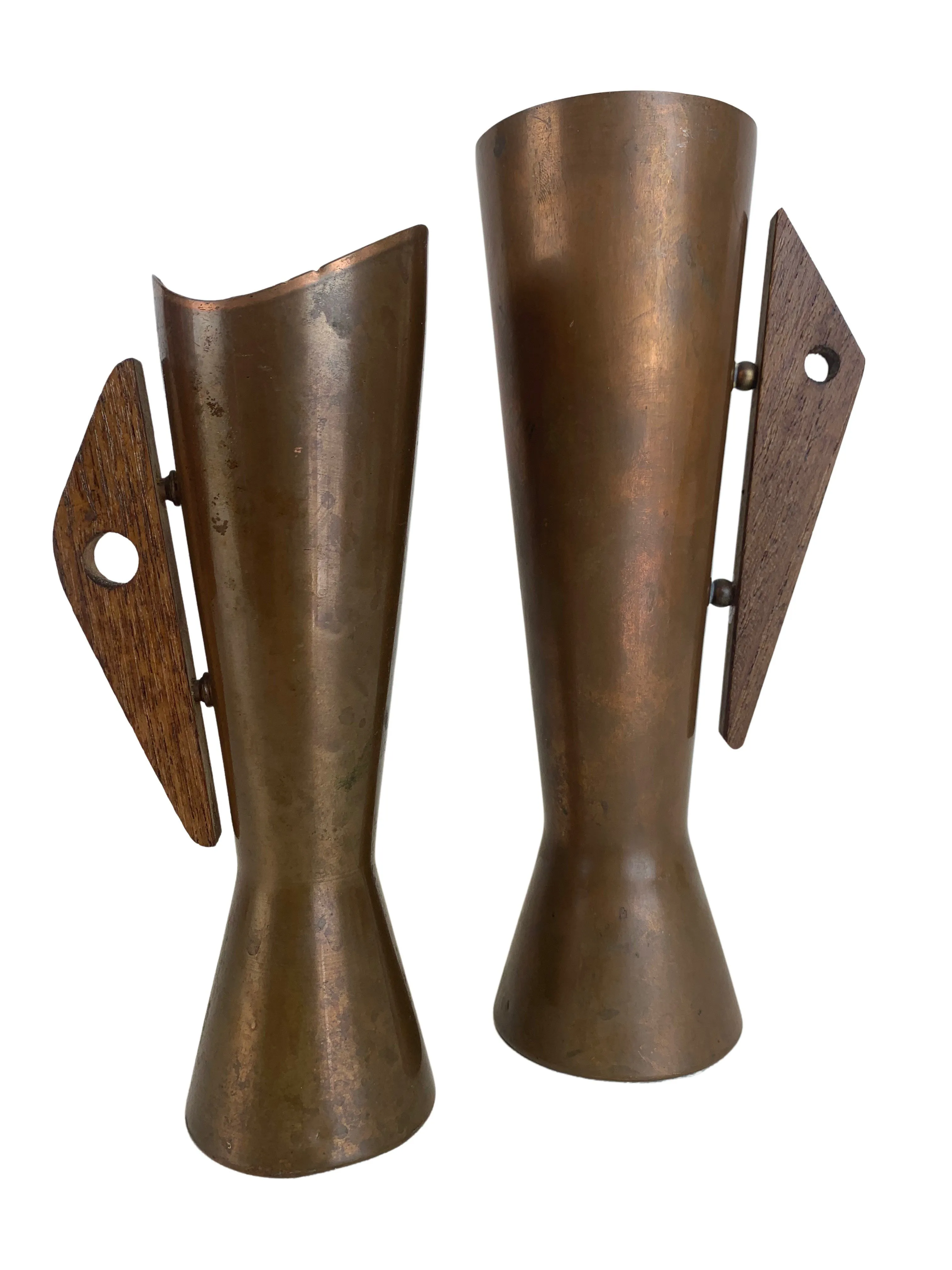 Mid-Century Modern Copper/Teak Vases - Pr - Eat Drink Home - Brown