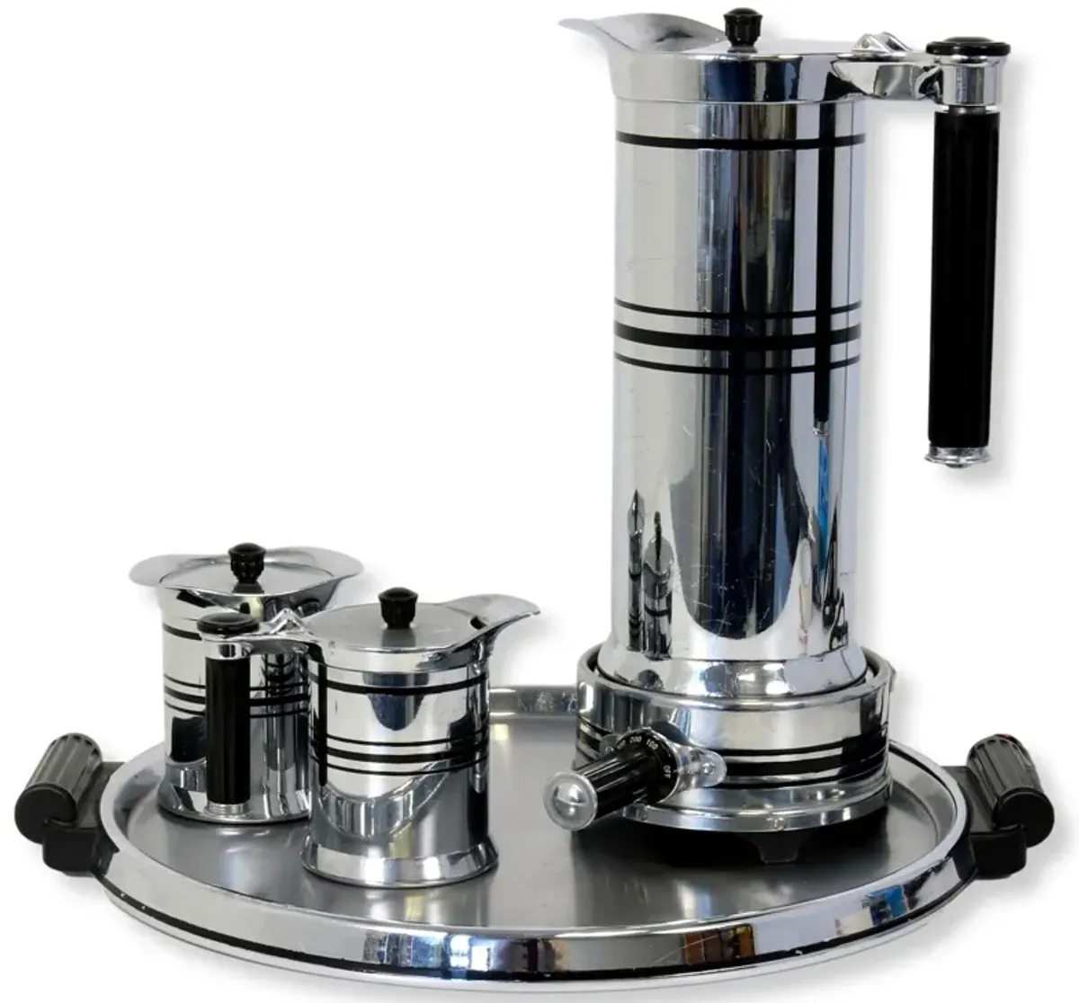 Midcentury Chrome & Bakelite Coffee Set - The Queens Landing - Silver