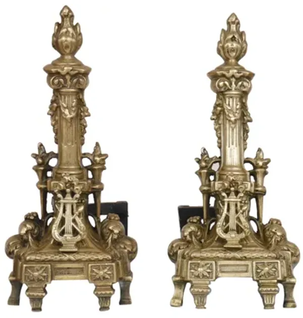 Musical Regency Brass Andirons - a Pair
