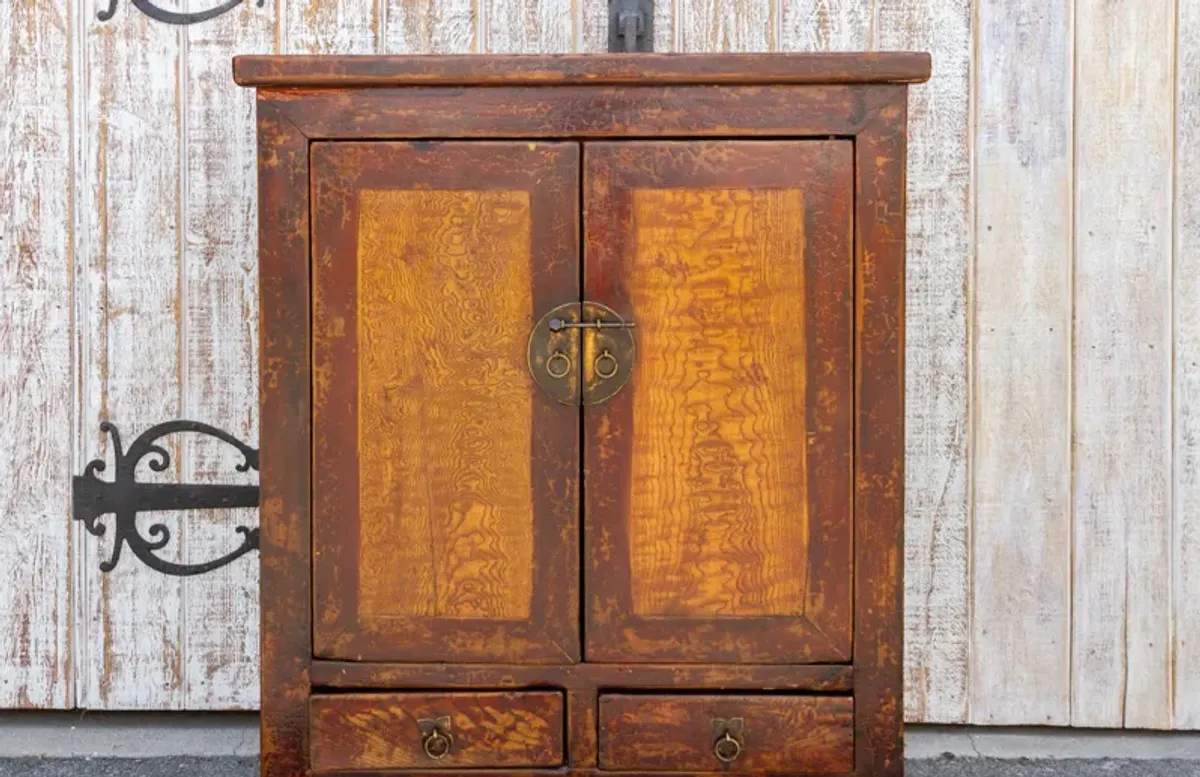 Early 20th C. Asian Burr Elm Cabinet - de-cor - red