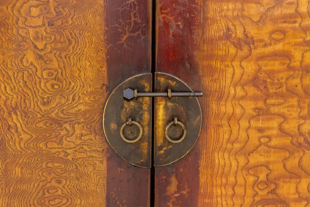 Early 20th C. Asian Burr Elm Cabinet - de-cor - red