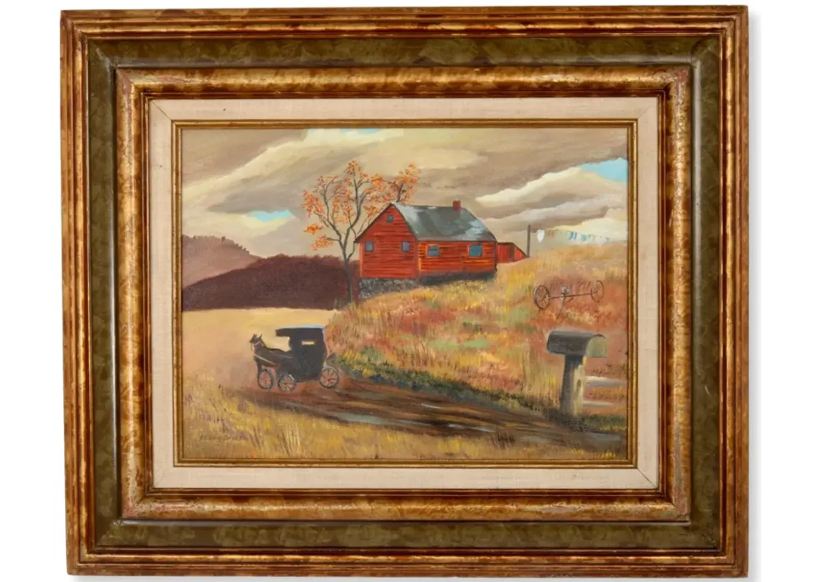 Mid-Century Amish Scene Oil on Canvas - New England Mercantile - Gold