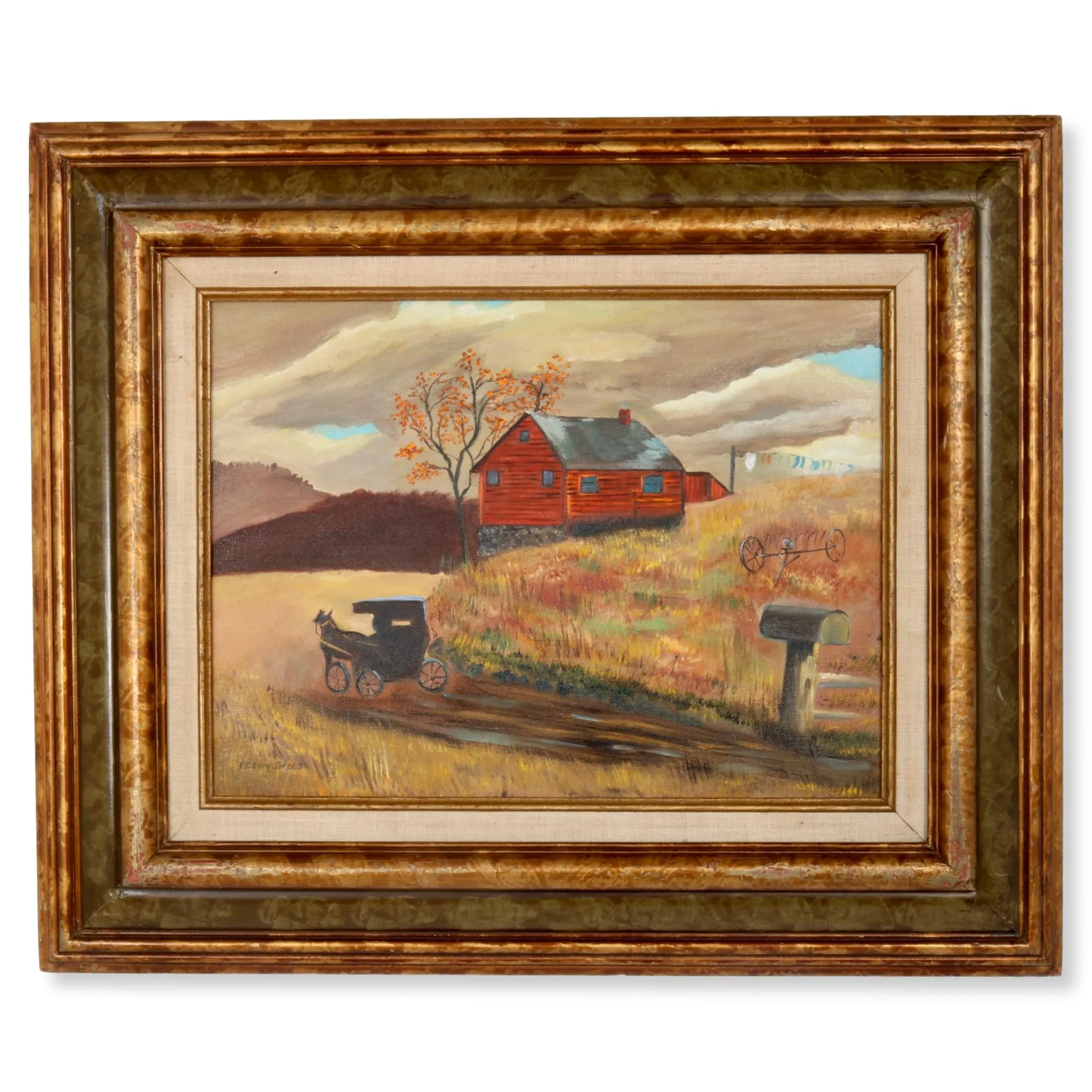 Mid-Century Amish Scene Oil on Canvas - New England Mercantile - Gold