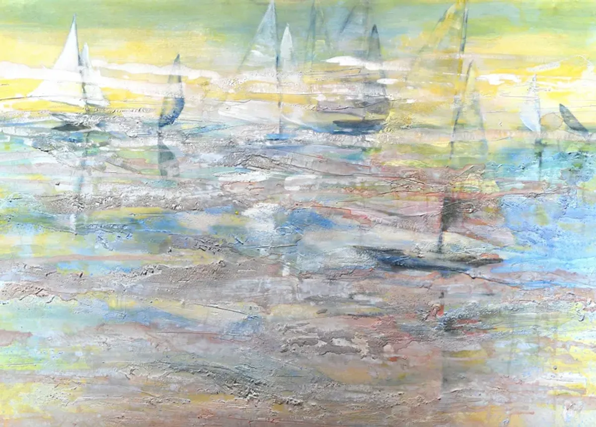 Large Abstract Seascape with Sailboats - Antiquarian Art Company - Green