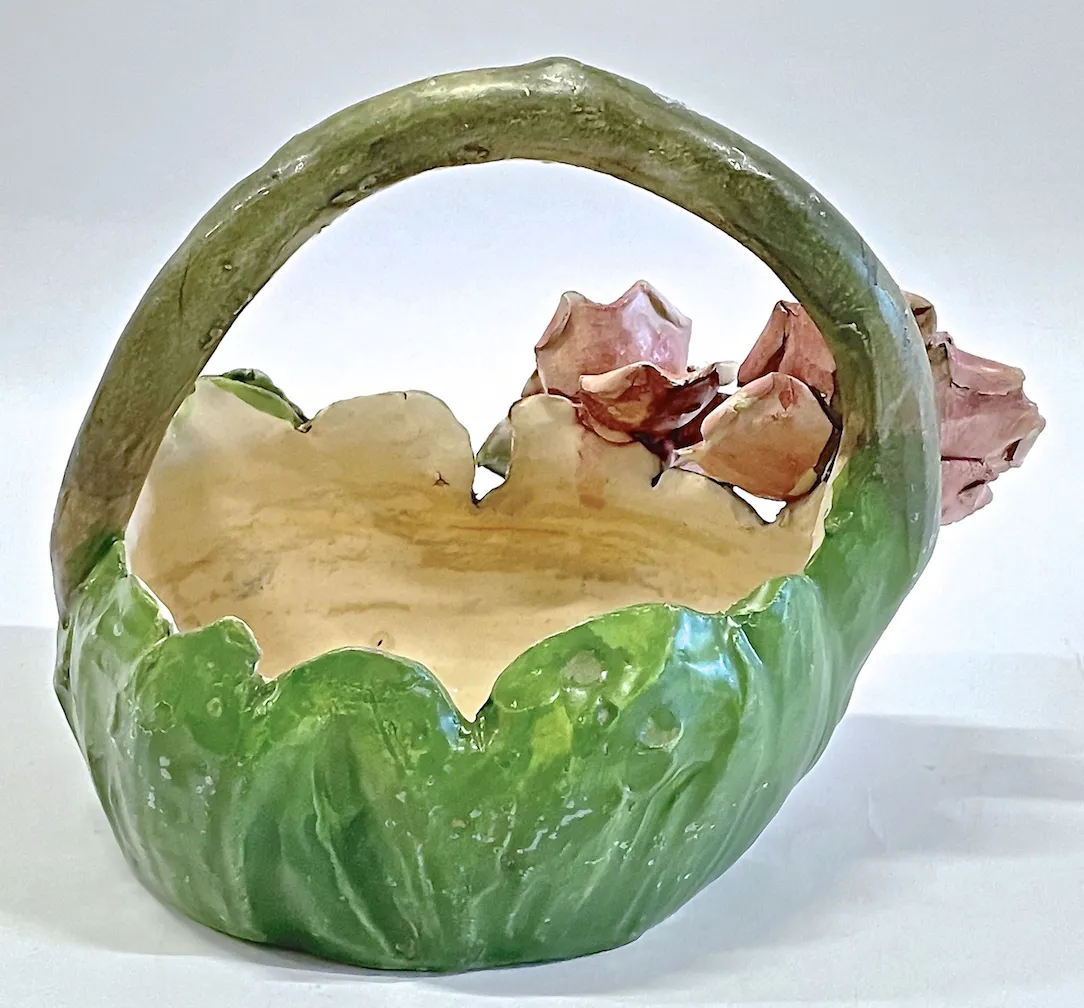 French Majolica Floral Basket Vase - Vermilion Designs - Green