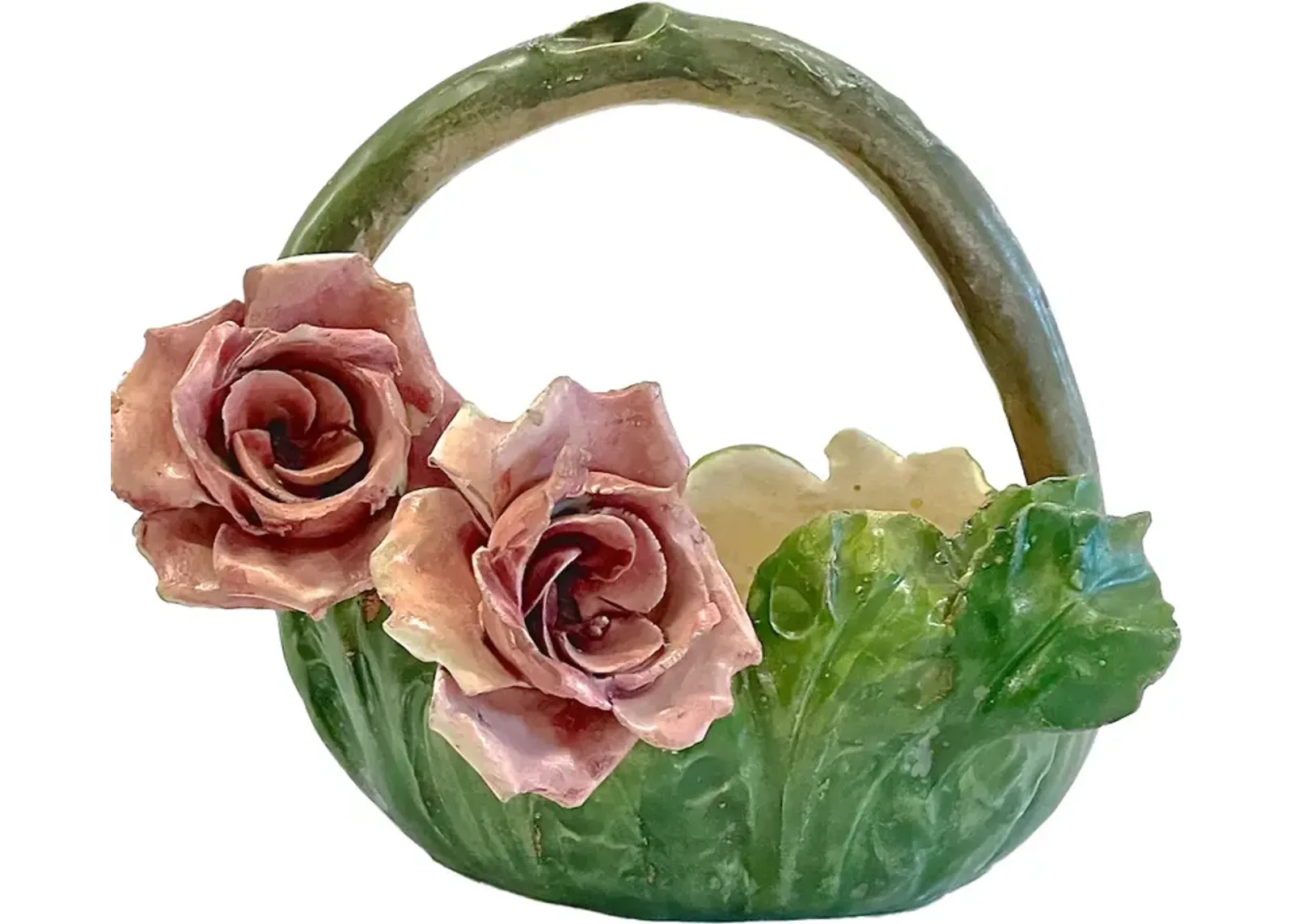 French Majolica Floral Basket Vase - Vermilion Designs - Green