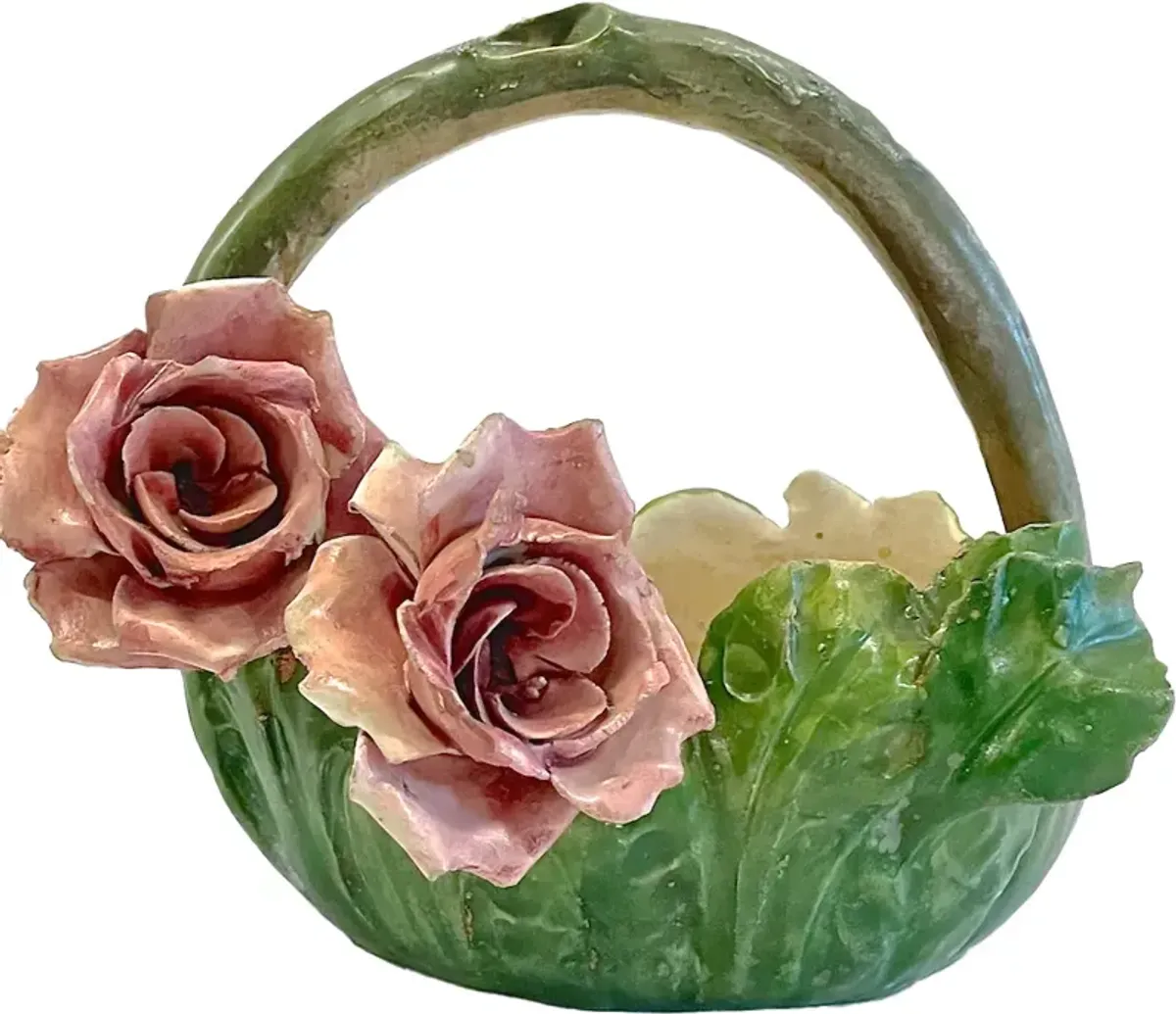 French Majolica Floral Basket Vase - Vermilion Designs - Green