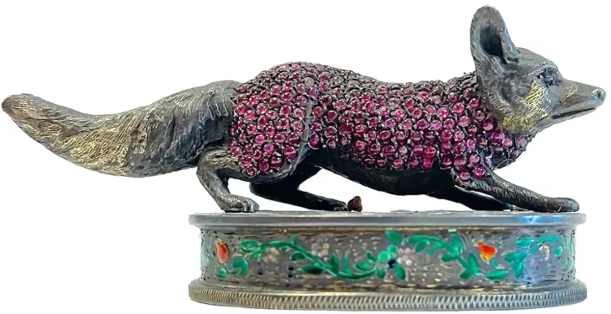 Antique Silver & Jeweled Fox Figurine - Vermilion Designs - Black