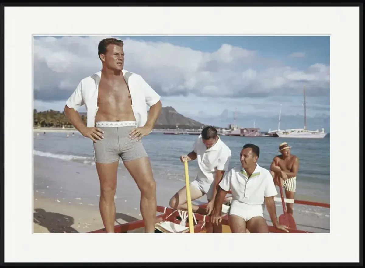 Tom Kelley, Friends Standing in Boat at Beach