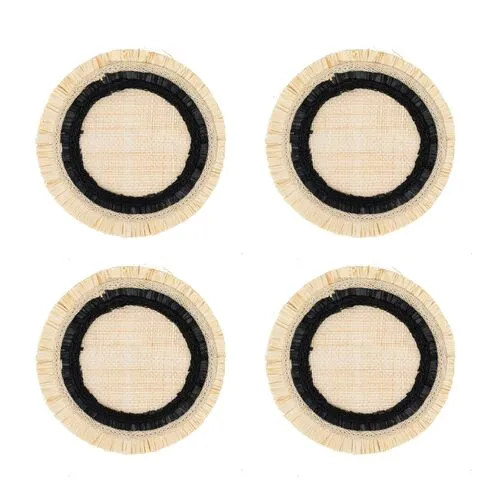 Set of 4 Ruffle-Edge Straw Coasters - Black/Natural - Joanna Buchanan