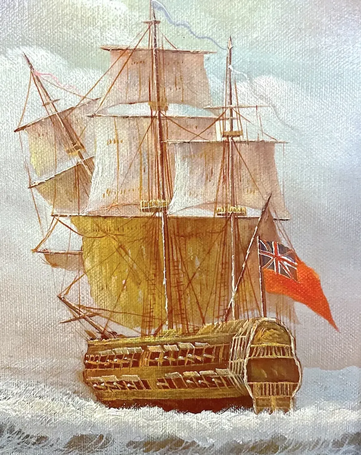 Ant. British & French Ships Oil Painting - Vermilion Designs - Gold