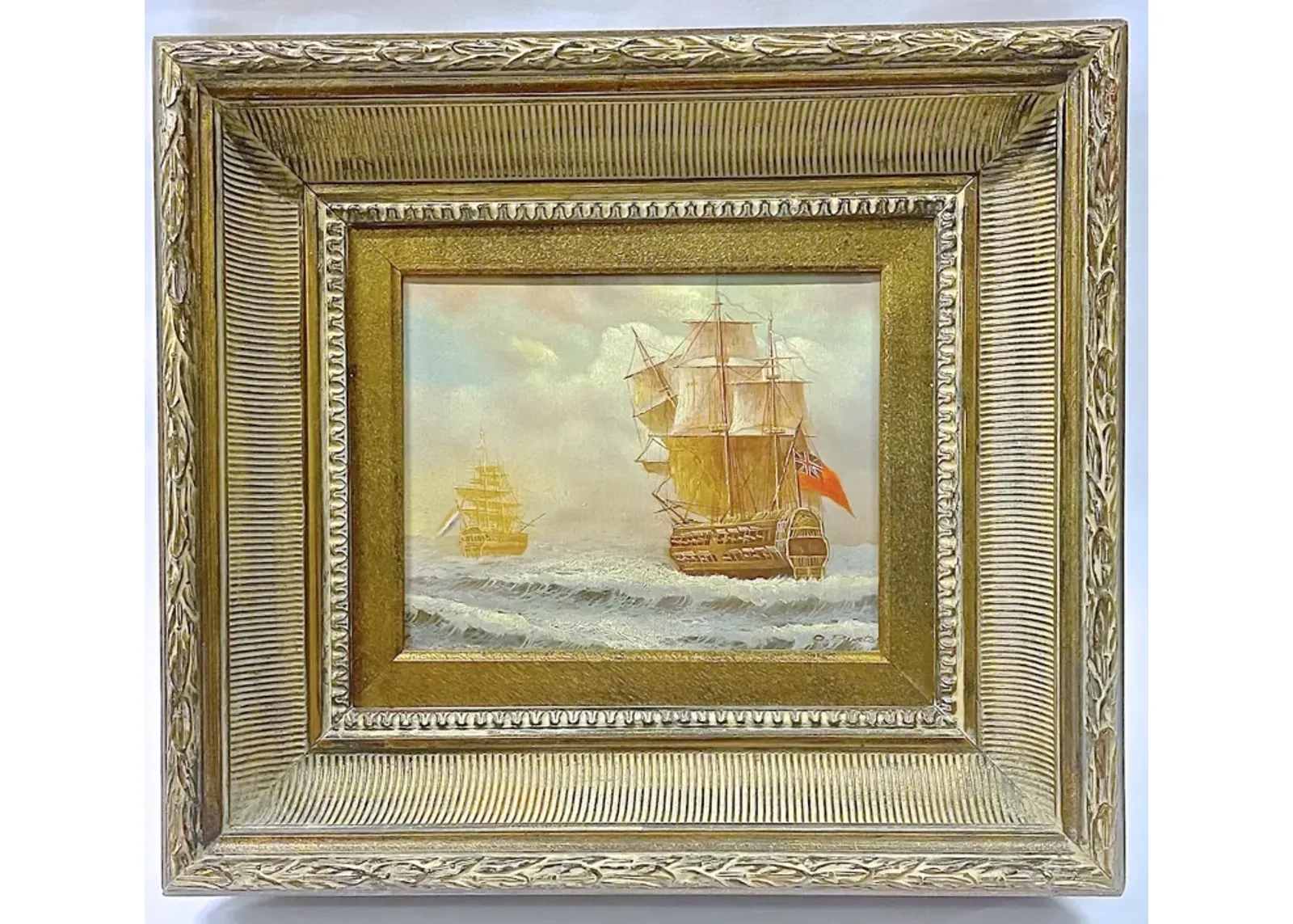 Ant. British & French Ships Oil Painting - Vermilion Designs - Gold