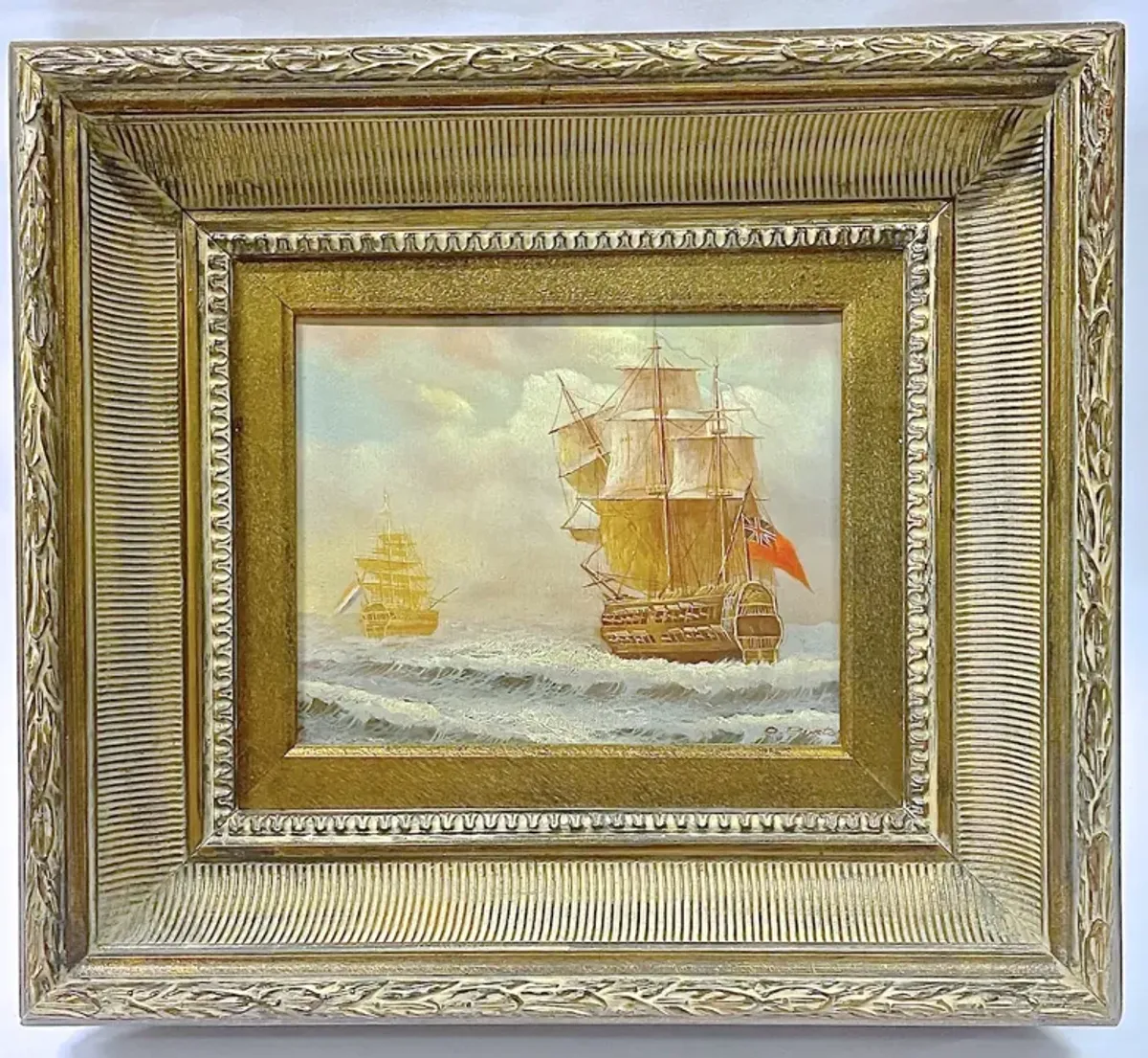 Ant. British & French Ships Oil Painting - Vermilion Designs - Gold