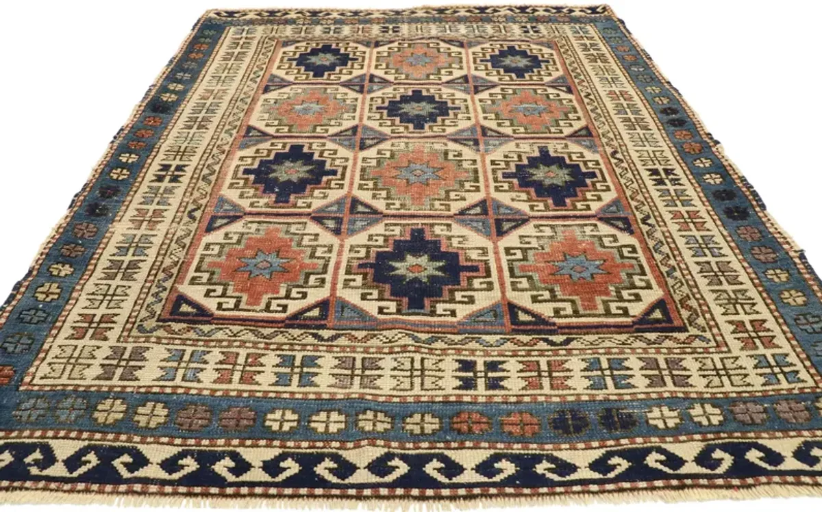 Antique Moghan Kazak Rug - 4'00 x 5'01 - Esmaili Rugs & Antiques - Blue - Blue