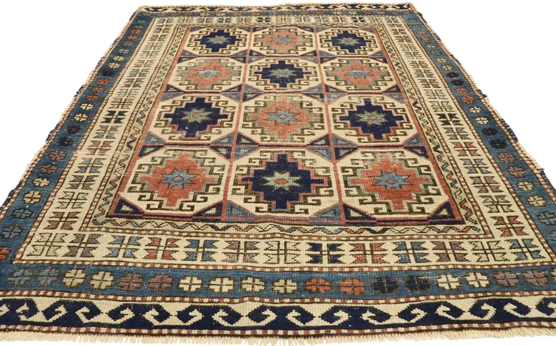 Antique Moghan Kazak Rug - 4'00 x 5'01 - Esmaili Rugs & Antiques - Blue - Blue