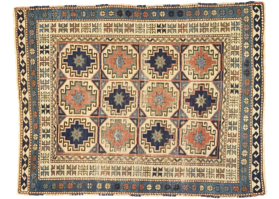 Antique Moghan Kazak Rug - 4'00 x 5'01 - Esmaili Rugs & Antiques - Blue - Blue