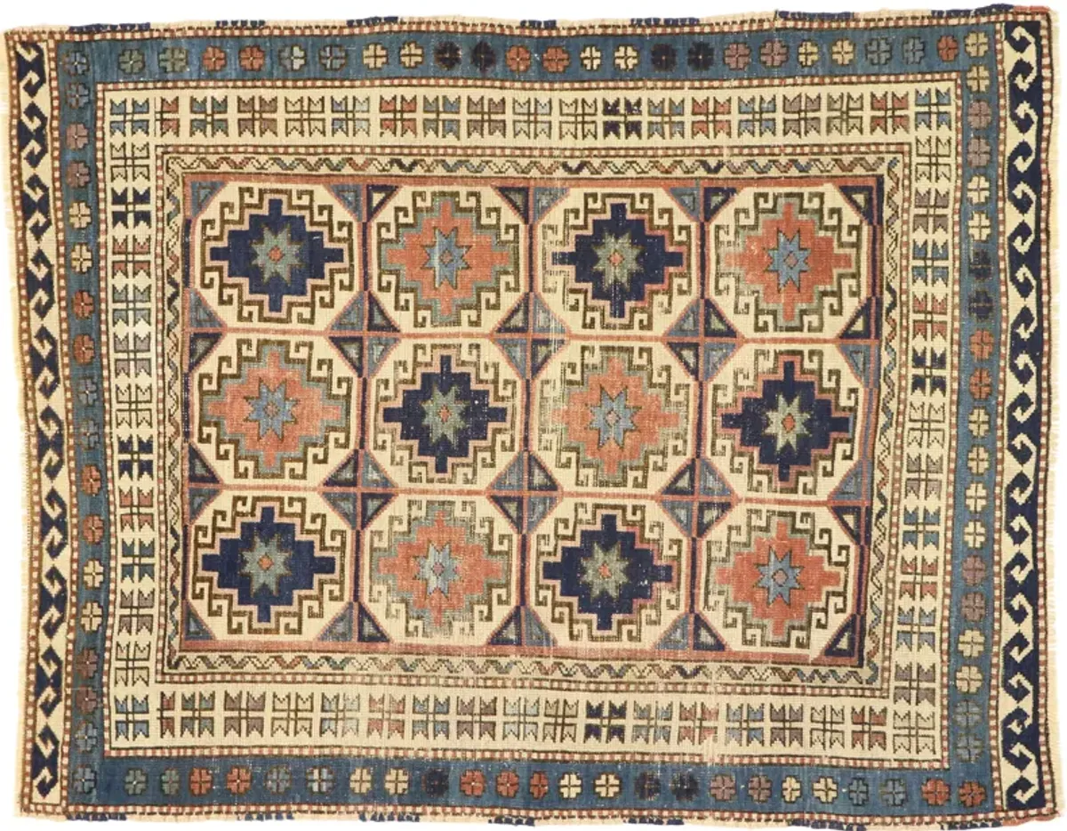 Antique Moghan Kazak Rug - 4'00 x 5'01 - Esmaili Rugs & Antiques - Blue - Blue