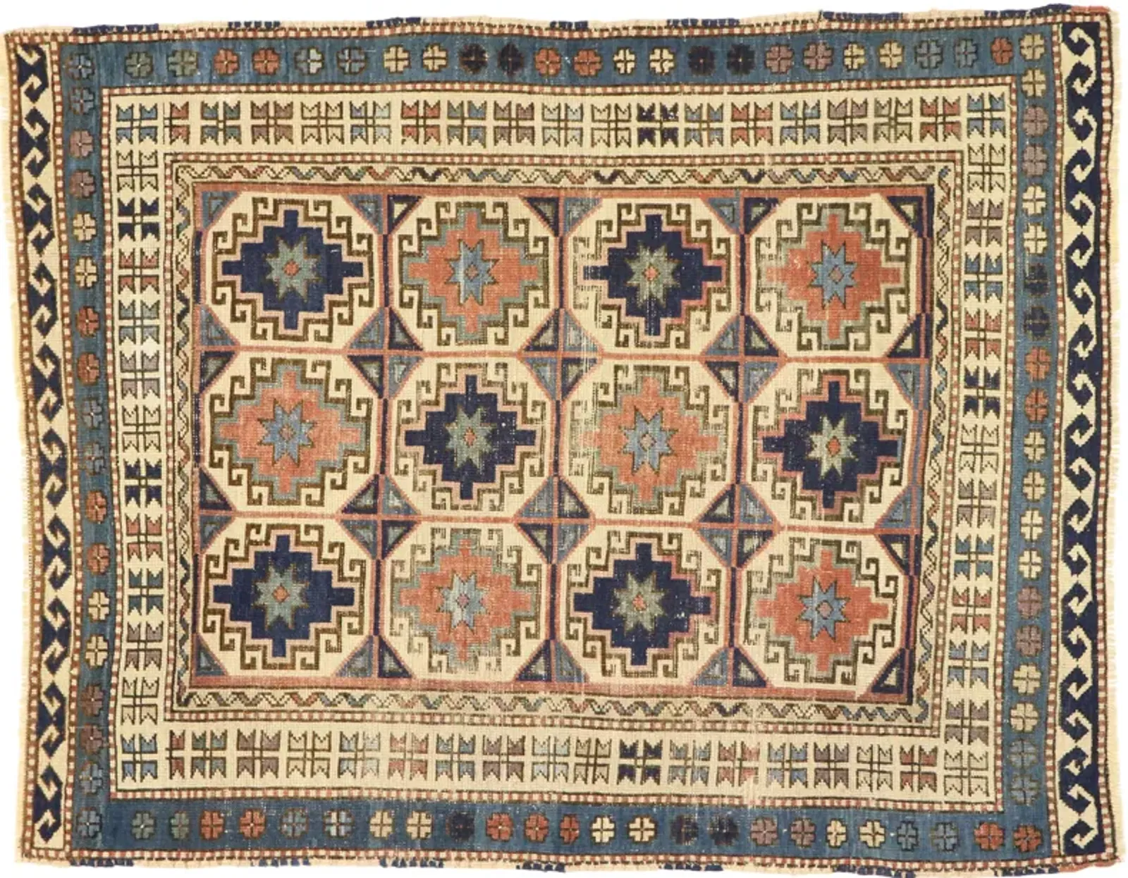 Antique Moghan Kazak Rug - 4'00 x 5'01 - Esmaili Rugs & Antiques - Blue - Blue