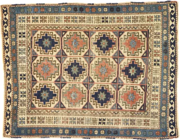 Antique Moghan Kazak Rug - 4'00 x 5'01 - Esmaili Rugs & Antiques - Blue - Blue