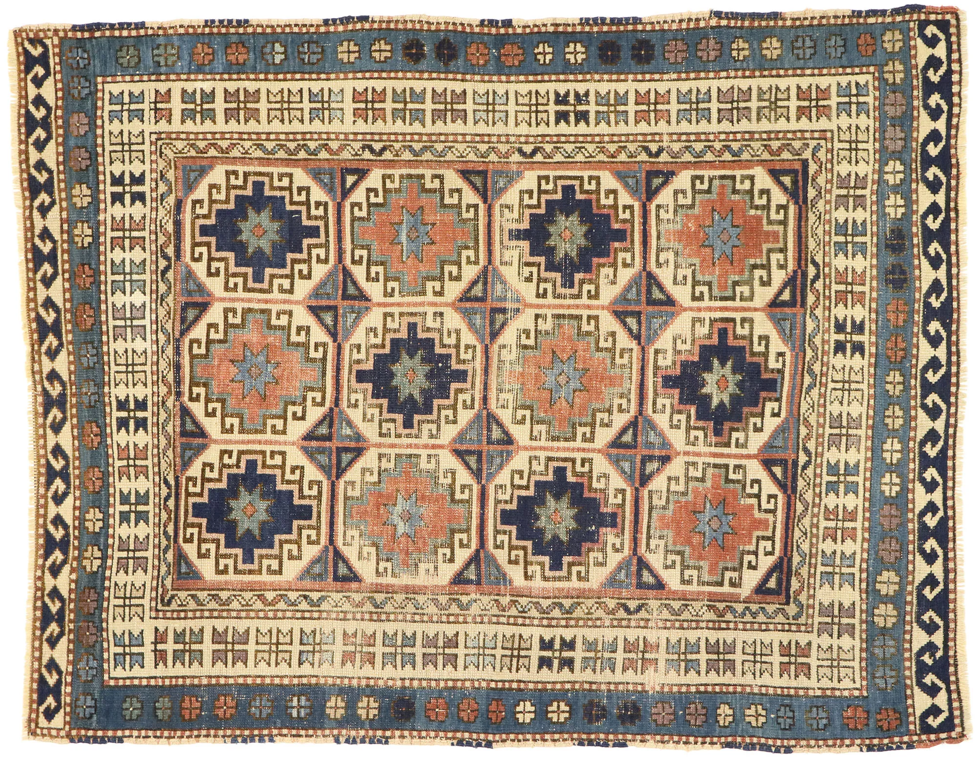 Antique Moghan Kazak Rug - 4'00 x 5'01 - Esmaili Rugs & Antiques - Blue - Blue