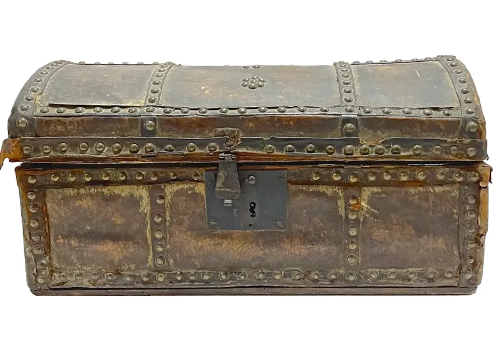 Antique Leather & Bronze Tack Trunk Box - Vermilion Designs - brown