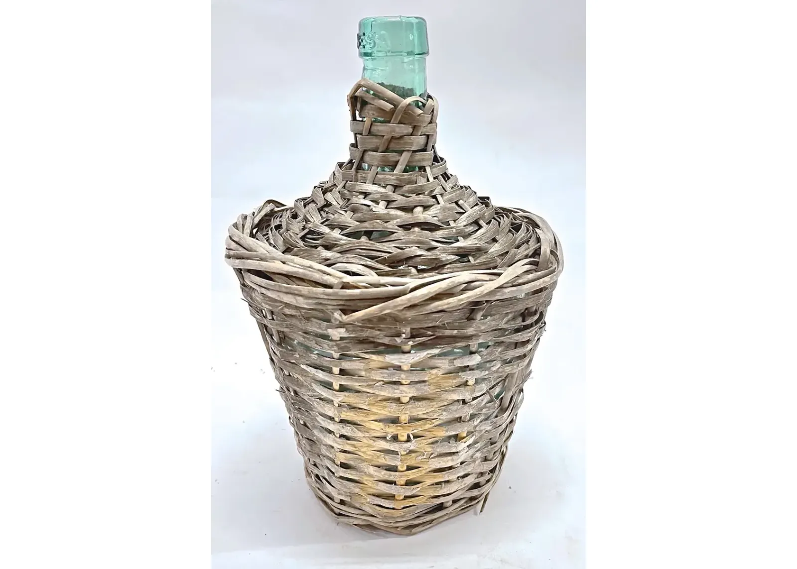 Basket Covered Green Glass Bottle - Vermilion Designs - Brown