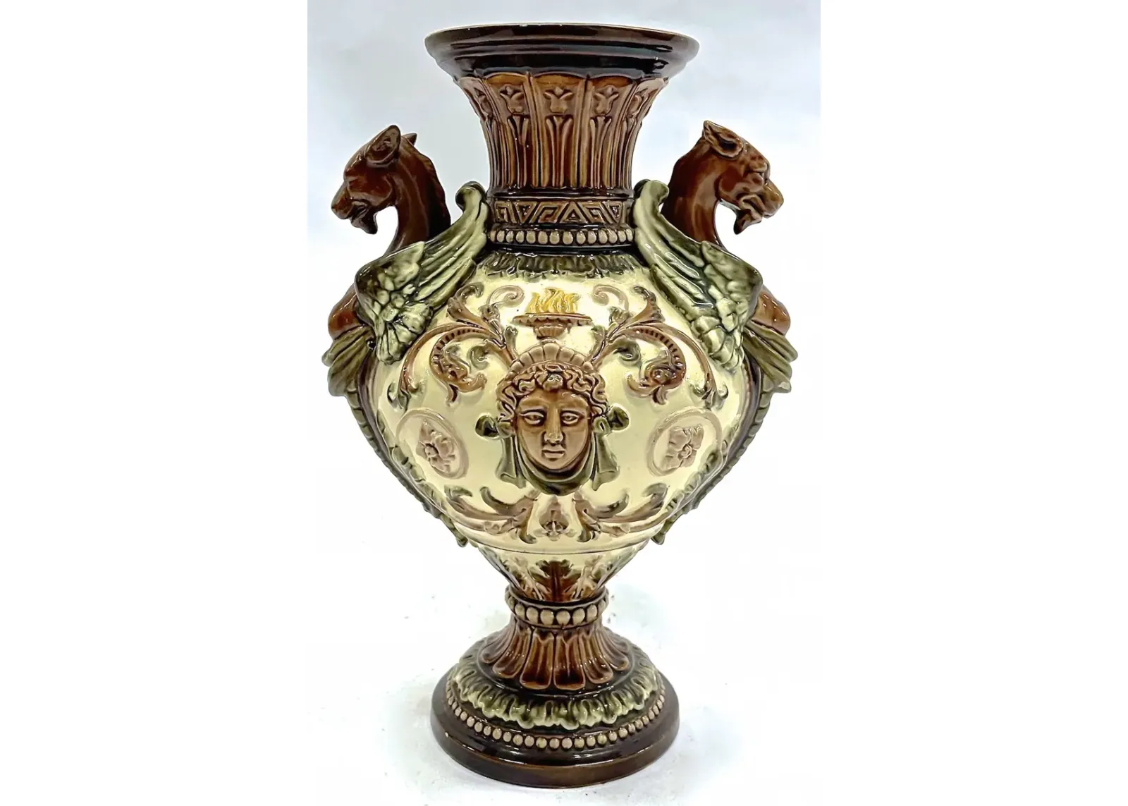 Majolica Classical Style Gryphon Vase - Vermilion Designs - Brown