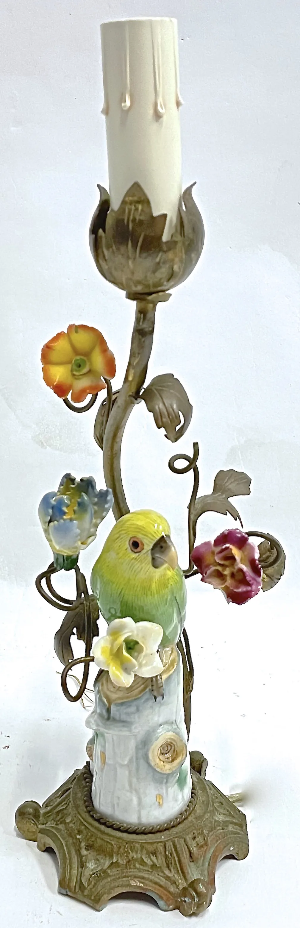 Bronze-Porcelain Parakeet & Floral Lamp - Vermilion Designs