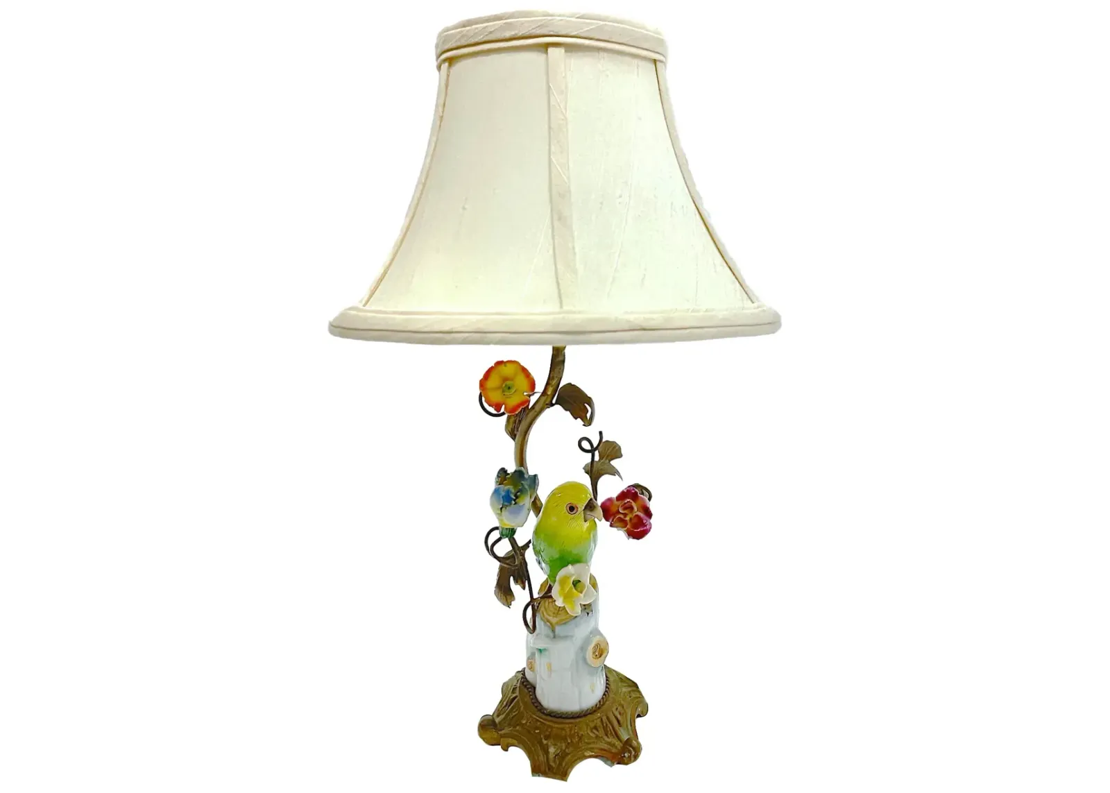 Bronze-Porcelain Parakeet & Floral Lamp - Vermilion Designs