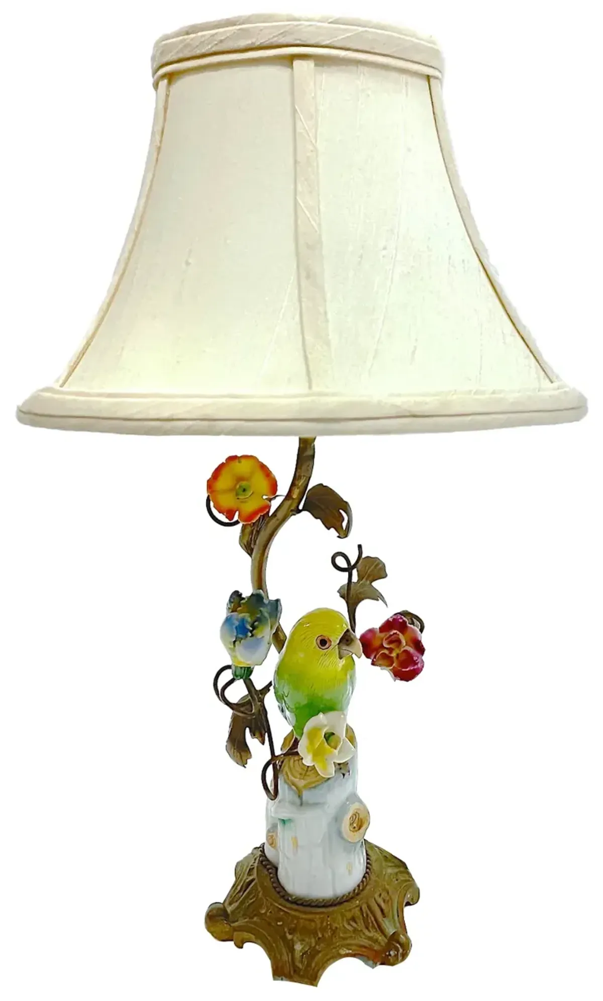 Bronze-Porcelain Parakeet & Floral Lamp - Vermilion Designs