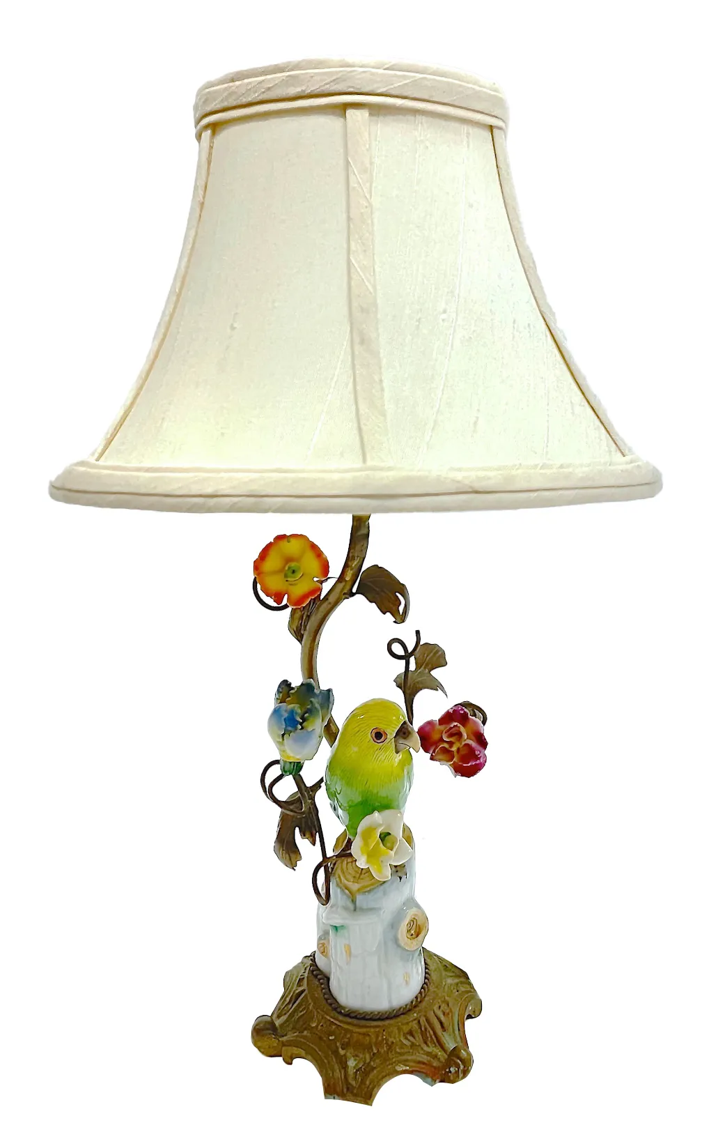 Bronze-Porcelain Parakeet & Floral Lamp - Vermilion Designs